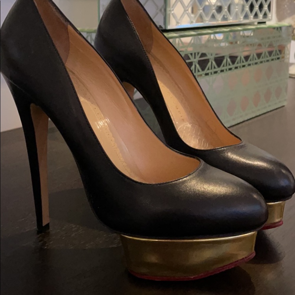 Charlotte Olympia Dolly Black leather shoes with gold platforms 39.5